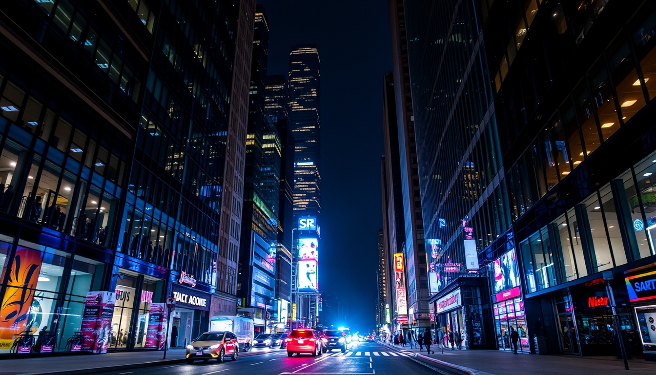 A vibrant city street at night, with reflections in the glass windows of skyscrapers. - Image