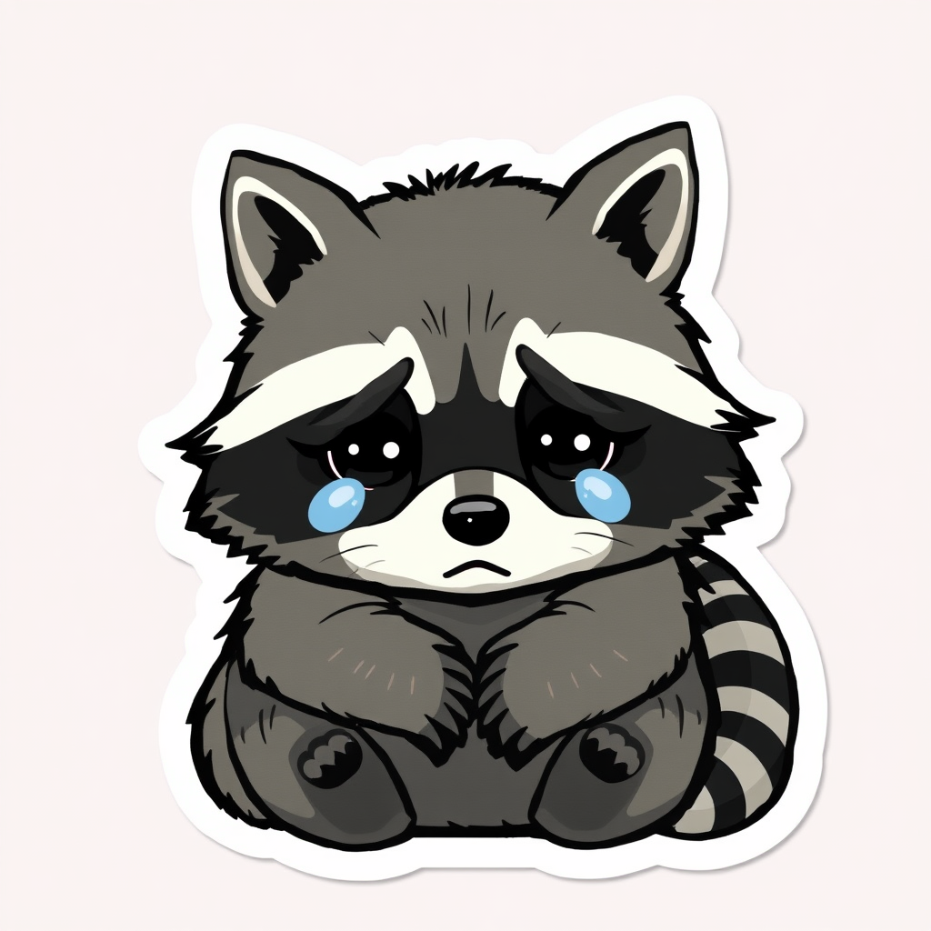 A raccoon with drooping ears, tears in its eyes, and a sad expression on its face. It is sitting with its paws wrapped around its knees. This sticker can be used to show sadness or sympathy.