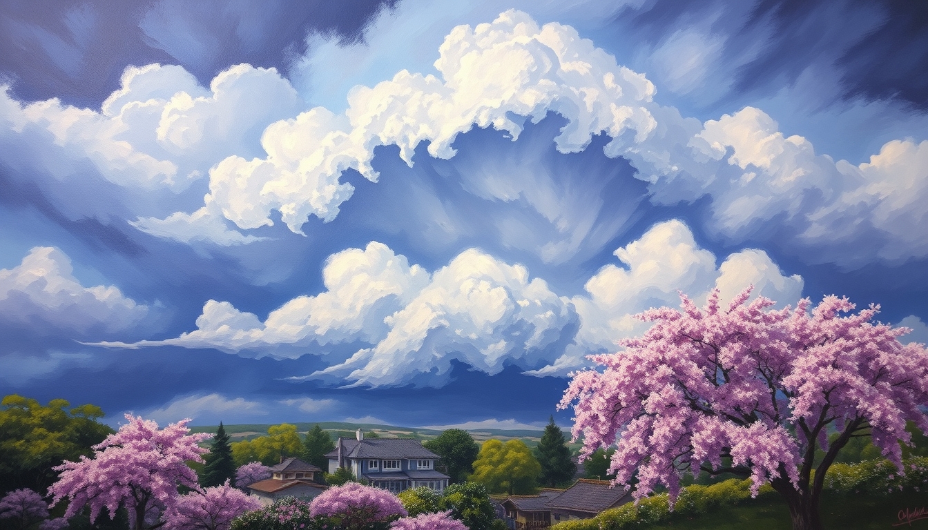 Oil painting of a sky, the sky is very detailed, a huge storm is brewing, purple vista, Sakura garden. - Image