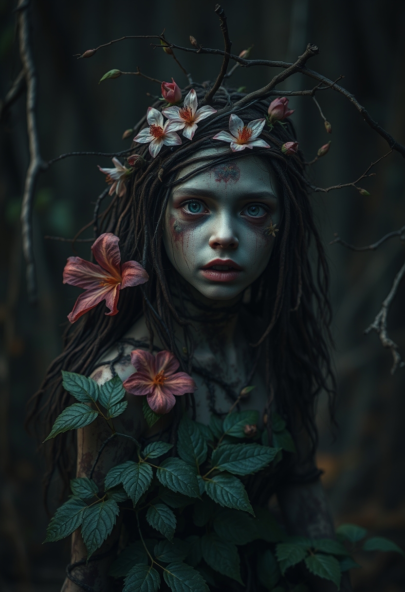 Photography, plant dryad girl made of vine, branch, flower, and leaves in a dark wood, bloodthirsty, cinematic, horror movie.