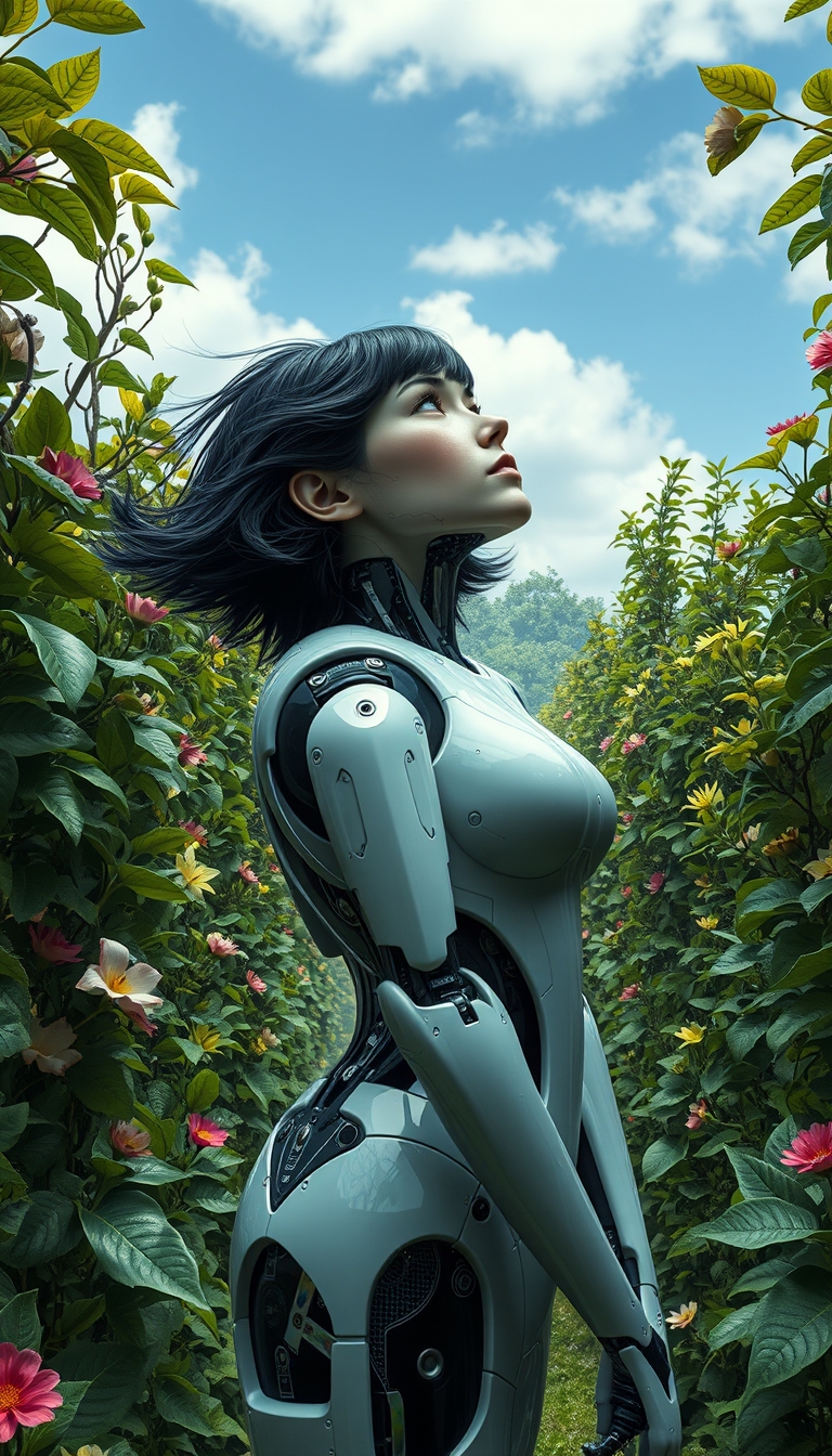 Hyper realistic depiction of a robot cyborg woman (looking at the sky in wonder, black short hair flowing, highly detailed) standing in a futuristic British maze labyrinth garden made of leaves and flowers, Botticelli style, Renaissance, Medici --v 5.2. - Image