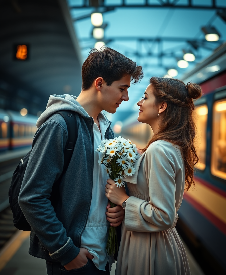 A romantic scene on the platform near the train, a young man and a girl in love look at each other tenderly, holding a bouquet of daisies, masterpiece, cinematic, sharp focus. - Image