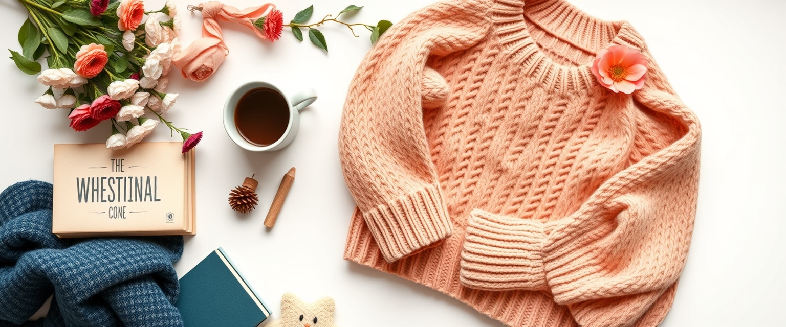 cozy-themed items, floral items, a detailed knit sweater, steaming mug, books, all arranged and isolated on a white background, peachy, navy and coordinating colors, trending cozy style, Folk art, 2d, icons, trending junk journal style, sticker art, hyper-realistic, high quality - Image