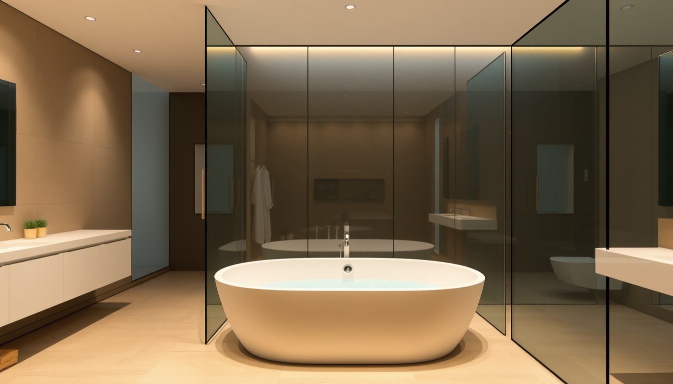 A sleek modern bathroom with glass walls and a luxurious soaking tub.