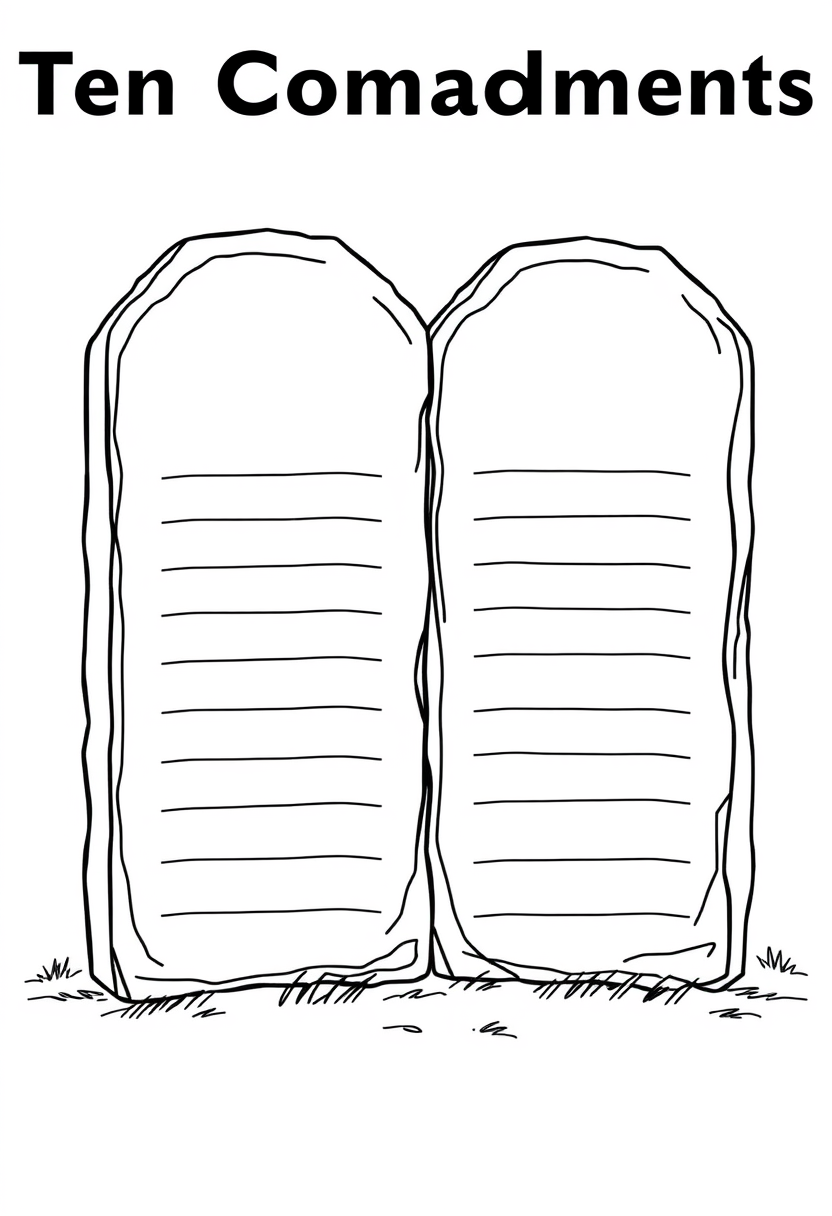 coloring book page. Two stone tablets for Ten Commandments coloring page: Draw two large, rectangular tablets with rounded tops. Add horizontal lines to represent text. The tablets should be proportioned to fill most of the page. line art vector style, White background, black and white drawing, sharp black lines. - Image