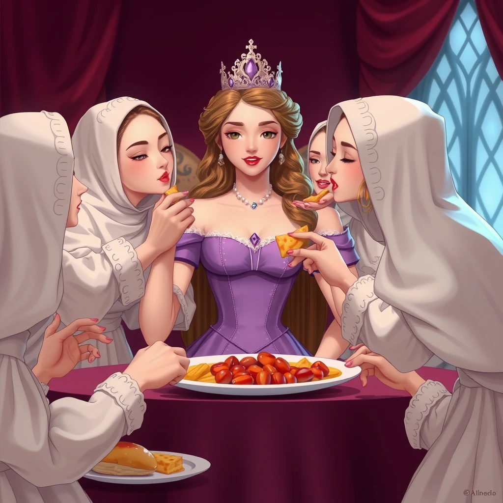 The princess doesn't want to lift a finger to eat; she has several maidservants feeding her, one bite from the left, another from the right. - Image