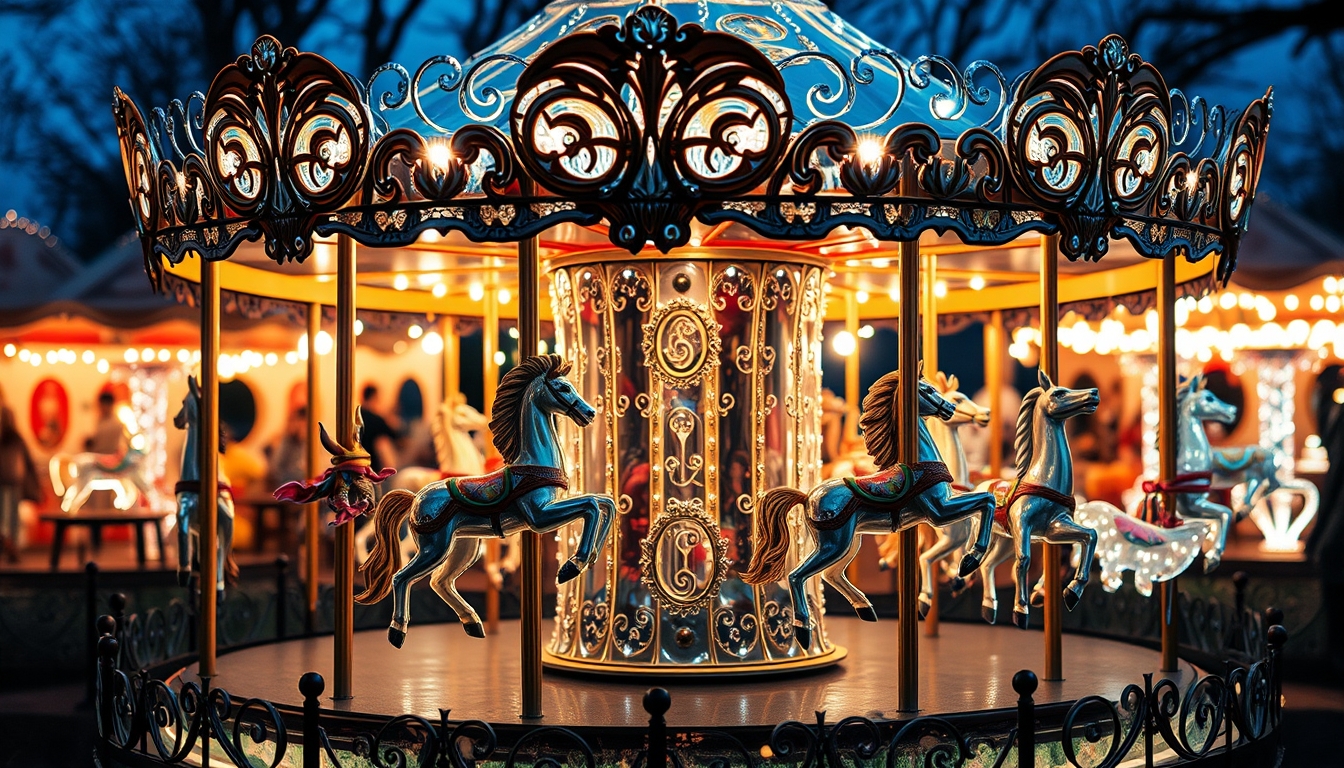 A whimsical glass carousel with beautifully detailed animals, lit up at night.