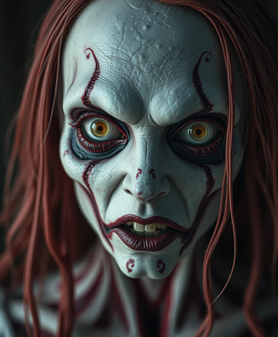 Photorealistic Creepypasta Bloody Mary intricate, exquisite details and textures, sharp focus, high resolution, detailed eyes, 8k uhd, nikon d850, high quality, film grain, hyper realistic skin (detailed skin:1.3) deranged, absurd, nightmarish, freakish, disturbing, sinister, monstrous, hellish, grotesque anatomy, dark and twisted, horrorcore, horrorscape.