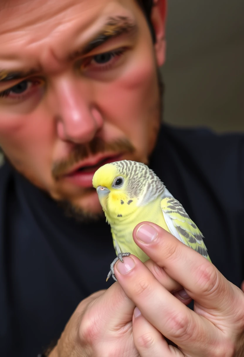 Low resolution photo of a man holding a budgie tightly and aggressively, low resolution, 480p, screenshot, low quality.