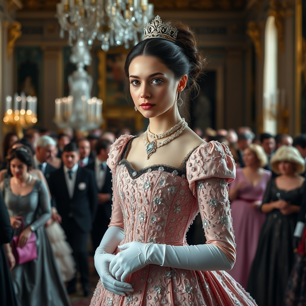 Young Queen, she is wearing a pearl pink gown covered in billions of shiny crystals, with black velvet lace around her neck, white long gloves, glass shoes, and her hair pulled up. She is entering a palace ballroom full of people. The image has a depth of field, gray eyes, set in the 1700s. She has perfect hands, a perfect face, and perfect eyes. The photograph is realistic, in 8K quality, and set in England. - Image