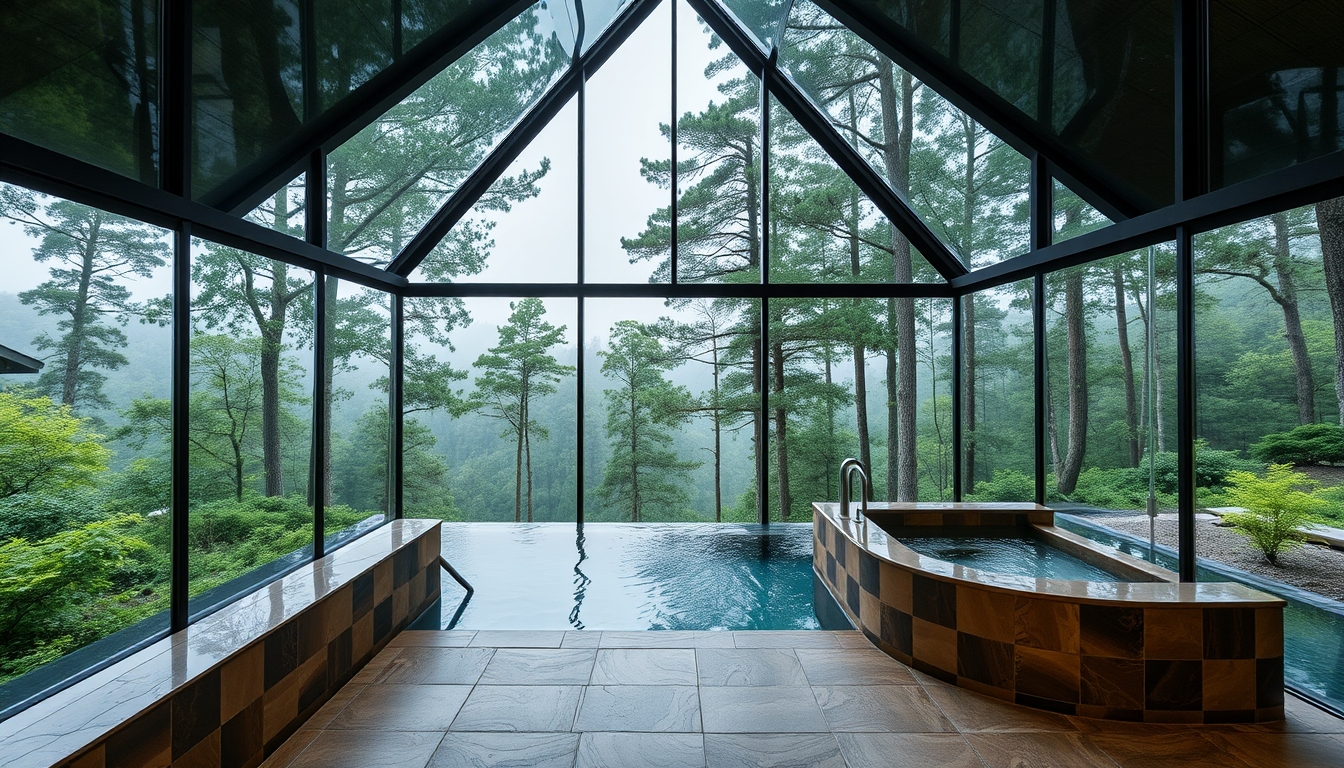 A luxurious spa with glass walls, overlooking a serene forest landscape.