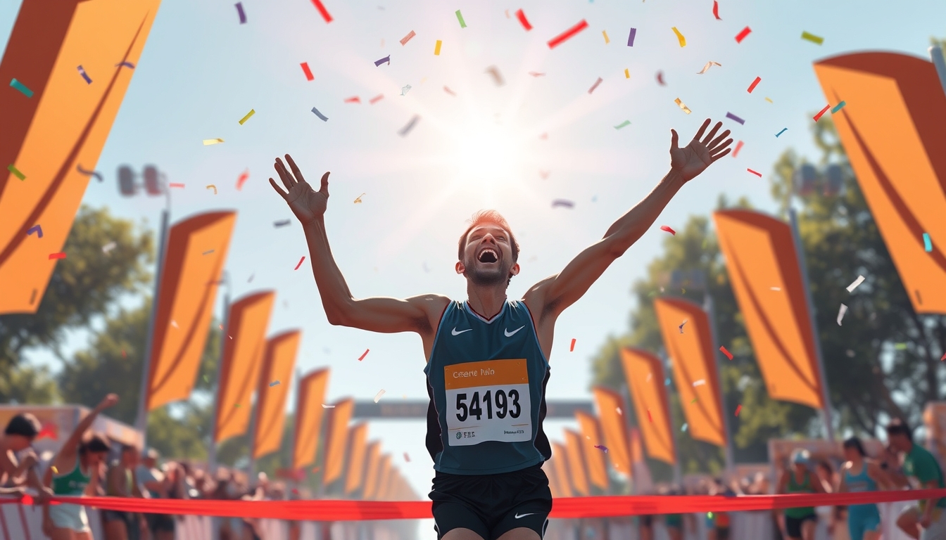 Triumphant athlete crossing the finish line, arms raised in victory, confetti falling, sunlight illuminating their face, intense joy and accomplishment, illustration.