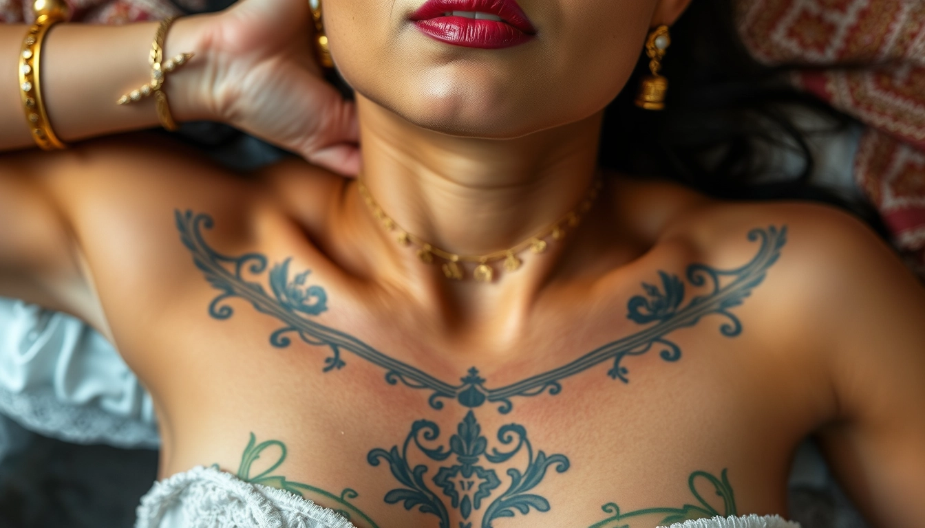 Close-up view of the tattooed chest of a fair-skinned Korean-Indian woman with beautiful facial features and blue eyes, wearing gold ornaments, looking up while lying on a glass table. - Image