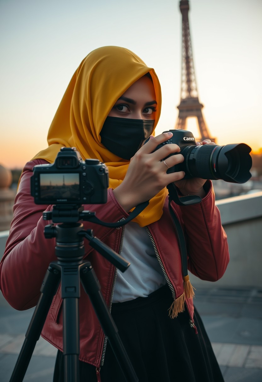 Biggest hijab yellow Muslim girl, beautiful eyes, face mask black, red leather jacket, black biggest skirt, camera DSLR CANON, tripod, taking photo Eiffel Tower, sunrise, morning scenery, Eiffel Tower, hyper realistic, street photography. - Image