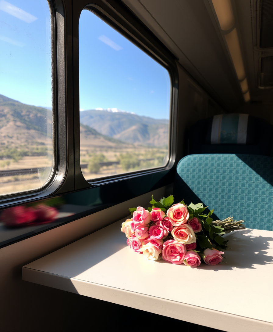 train compartment, bouquet of roses on a table, perfect composition, beautiful view - Image