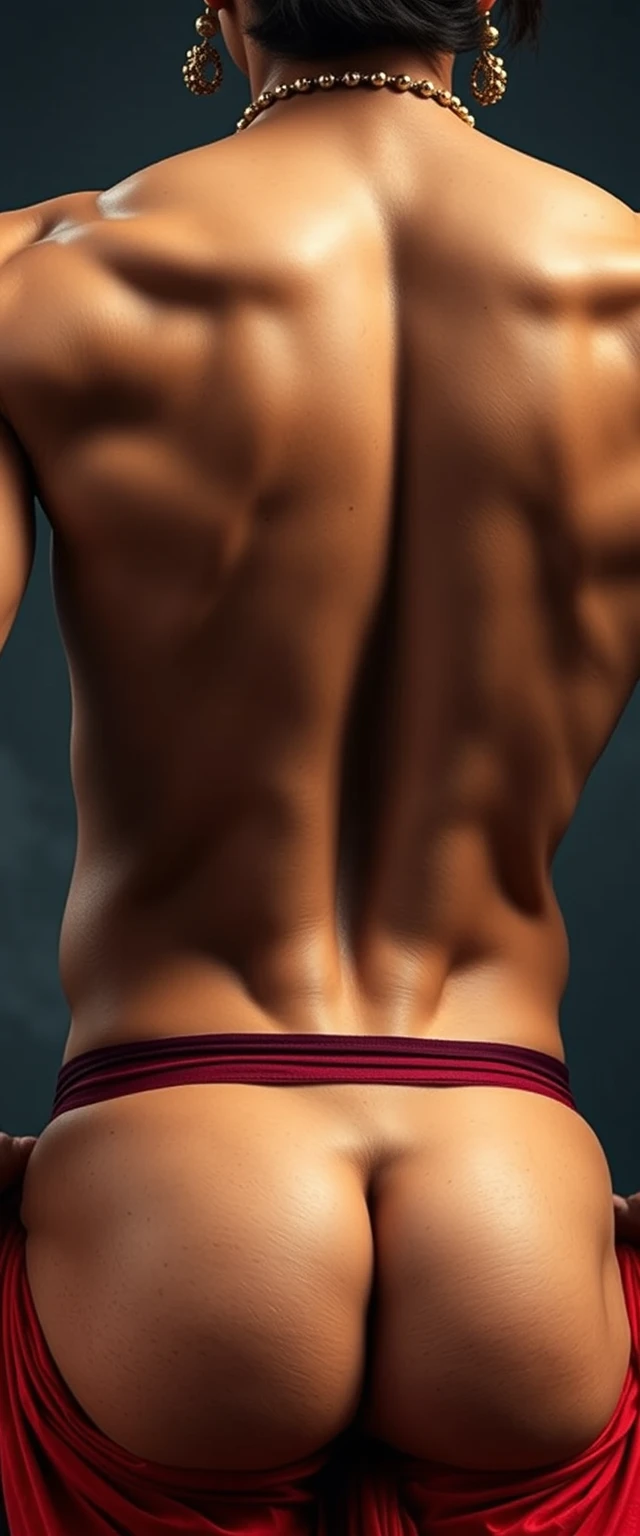 Close-up photo of the super muscular back of a tall, beautiful, muscular Indian-Korean dancer with white skin.