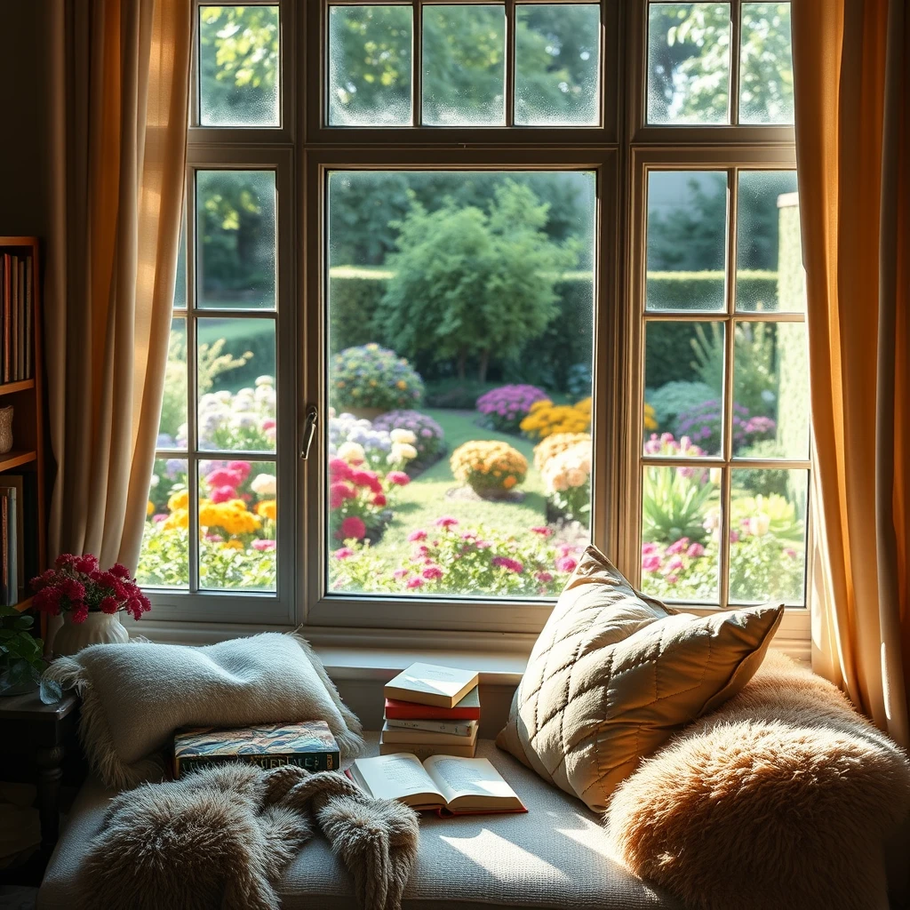 A cozy reading nook by a large window, with soft natural light pouring in. The nook is adorned with plush cushions, a warm blanket, and a stack of books. The window overlooks a beautiful garden filled with colorful flowers and greenery. The overall atmosphere is inviting, peaceful, and perfect for losing oneself in a good book.