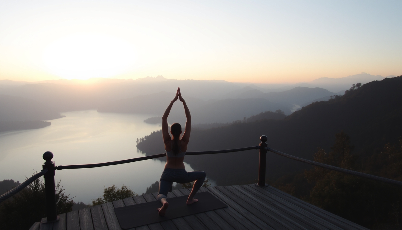 A serene landscape featuring a yoga practitioner on a wooden deck overlooking a tranquil lake, surrounded by misty mountains at sunrise.