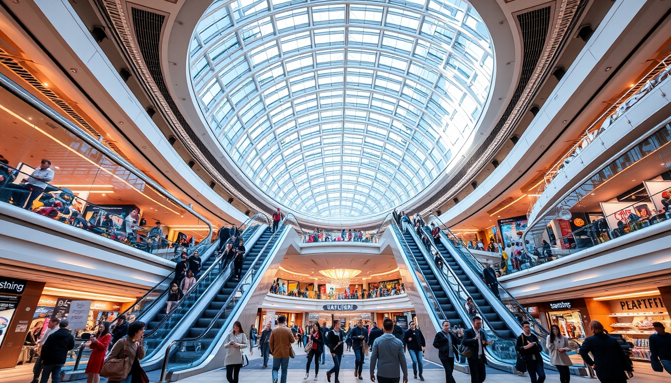 A futuristic shopping mall with glass ceilings and escalators, filled with shoppers.