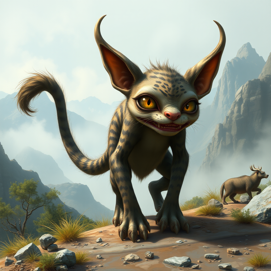 A monster with one eye, a wild cat, four ears, and three tails, nearby the China Mountain. - Image