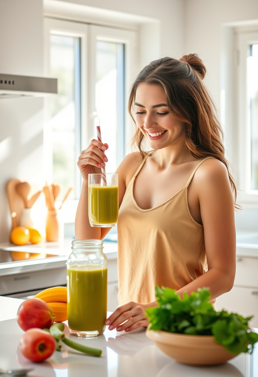 Happy young woman preparing a healthy smoothie in a bright kitchen reflecting the energy and freshness of a sunny morning. - Image