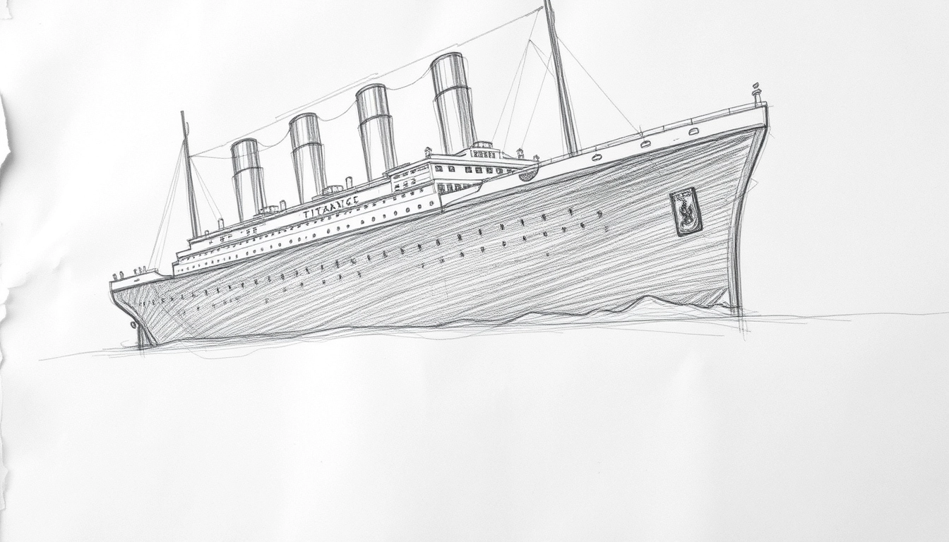 'Titanic, rough pencil sketch, relatively coarse, not detailed. The paper for the sketch is very wrinkled and has many traces of erasure.' - Image