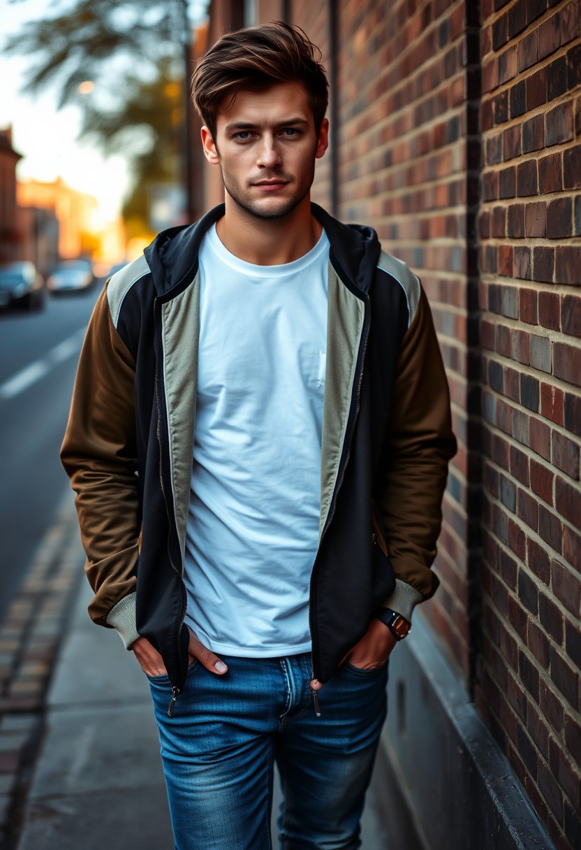 Jamie Dornan head and body shot, handsome, young, serious face, dark brown hair, white t-shirt, collage jacket, skinny jeans, sneakers, standing in a hot style, flirting style, near town road, leaning against a wall, hyper-realistic, street photography, brick wall, full body photo. - Image