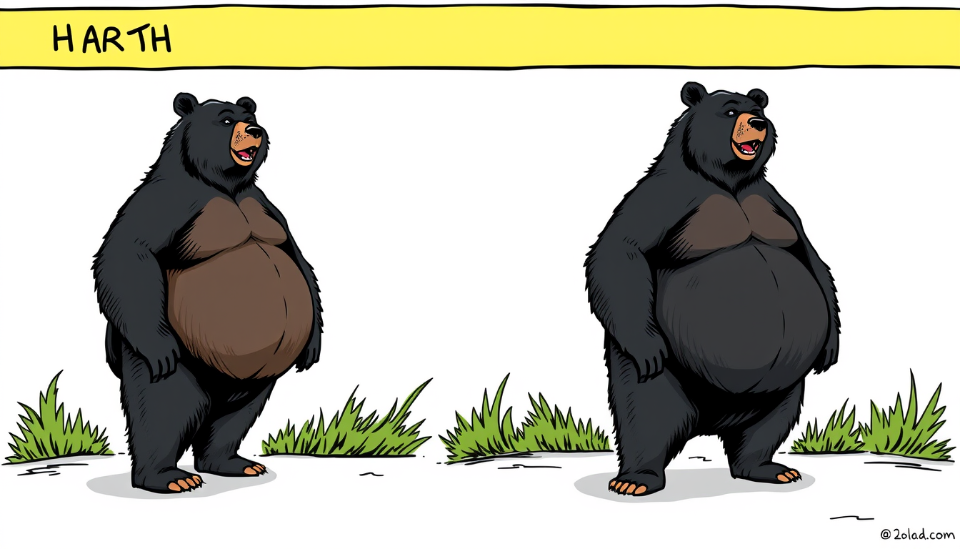 Realistic black bear standing. Comic of weight gain progression from thin to obese.