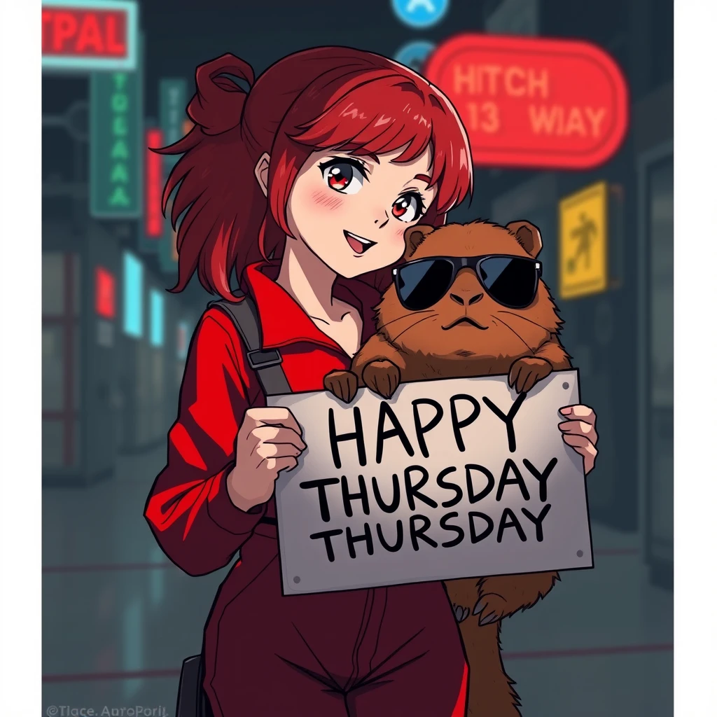 Redhead girl in a red jumpsuit with a capybara wearing sunglasses, holding a sign that says "HAPPY THURSDAY" in dark sci-fi realistic anime style. - Image