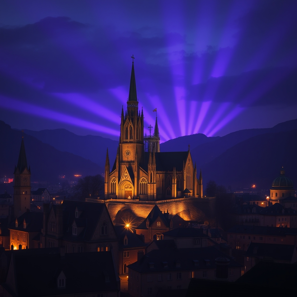 Gothic city, focus on a eerie cathedral that is on top of a mountain, belltower, bright night, purple lights in the sky.