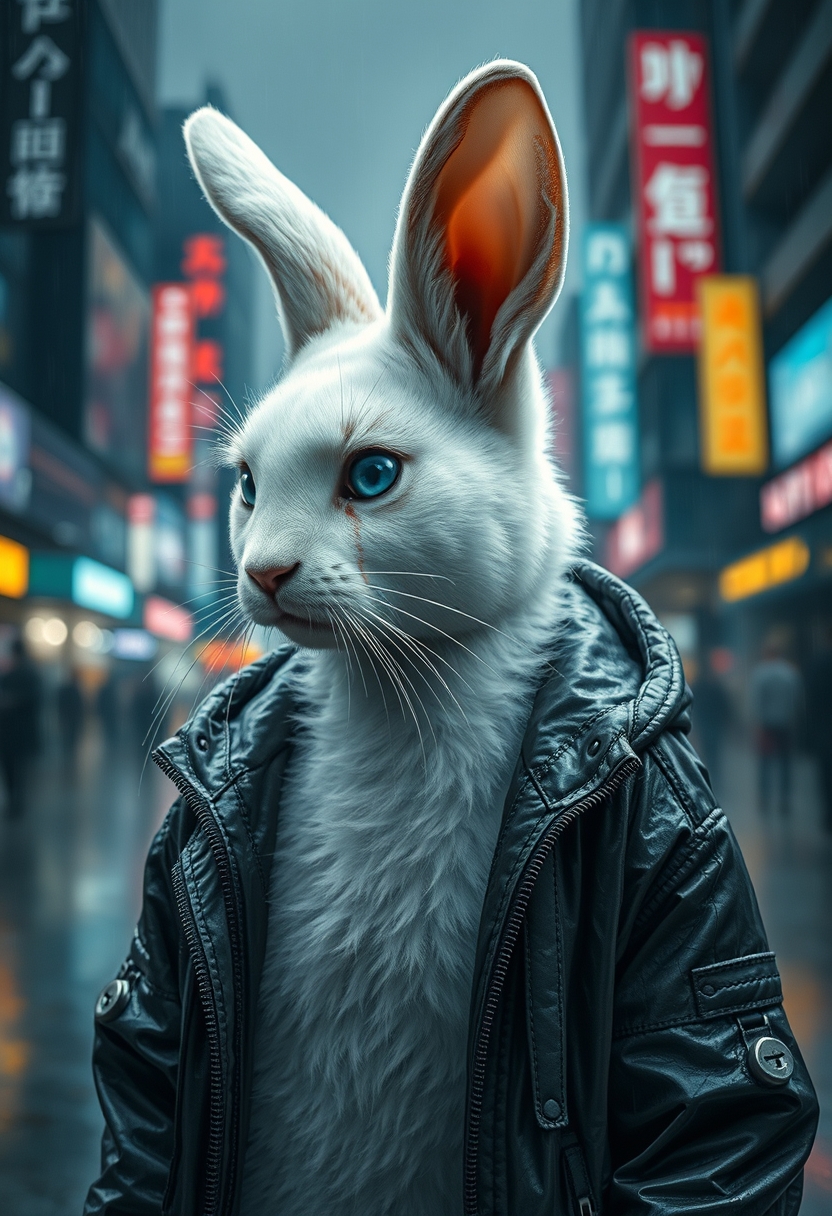 An adult white rabbit stands in a cyberpunk city, in the rain. He's wearing a cyberpunk style jacket. The cat has an augmentation on his right eye and a lot of scars. Cyberpunk implants are visible on the cat. A masterpiece, maximum detail, cinematography. - Image