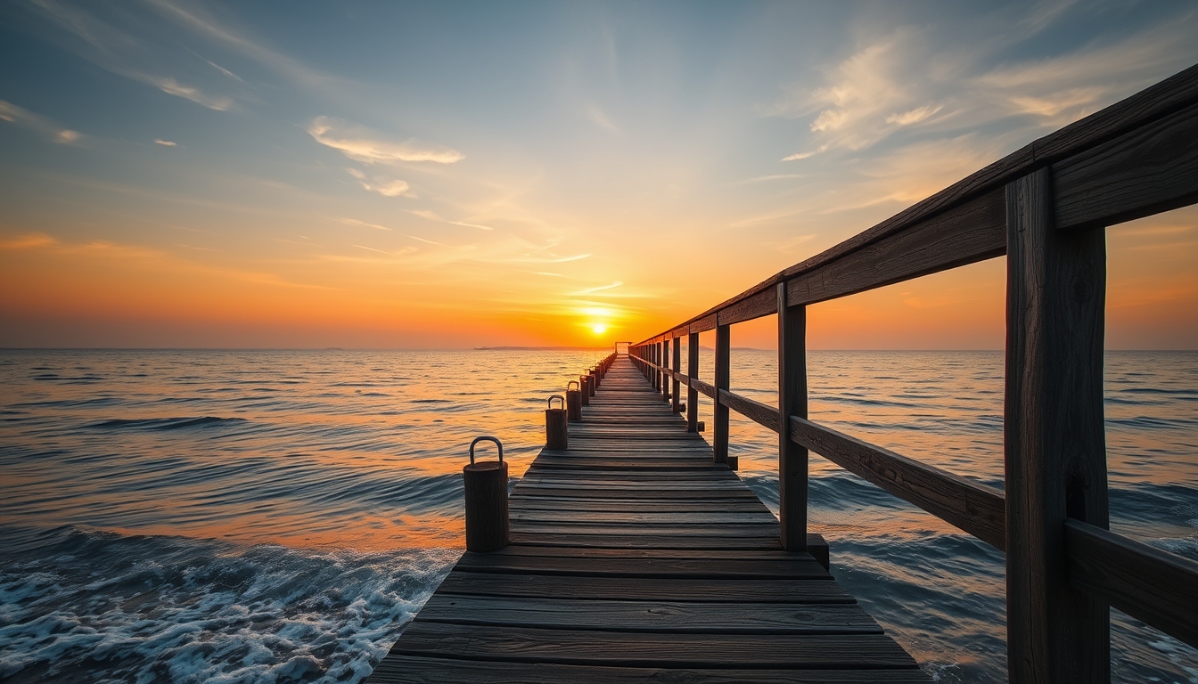 A rustic wooden pier stretching into the sea with a sunset background.