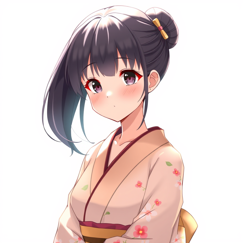 Anime illustration of a motherly woman, hairstyle, flower print kimono, natural reflective, detailed body, standing, white background, anime illustration, illustration quality, soft shadows. - Image