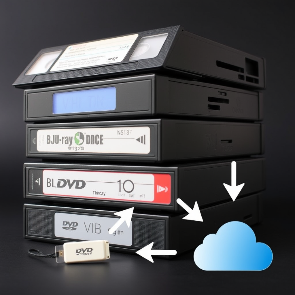 "A stack of VHS tapes with arrows pointing to a Blu-ray disc, a DVD disc, a thumb drive, and a cloud upload symbol."