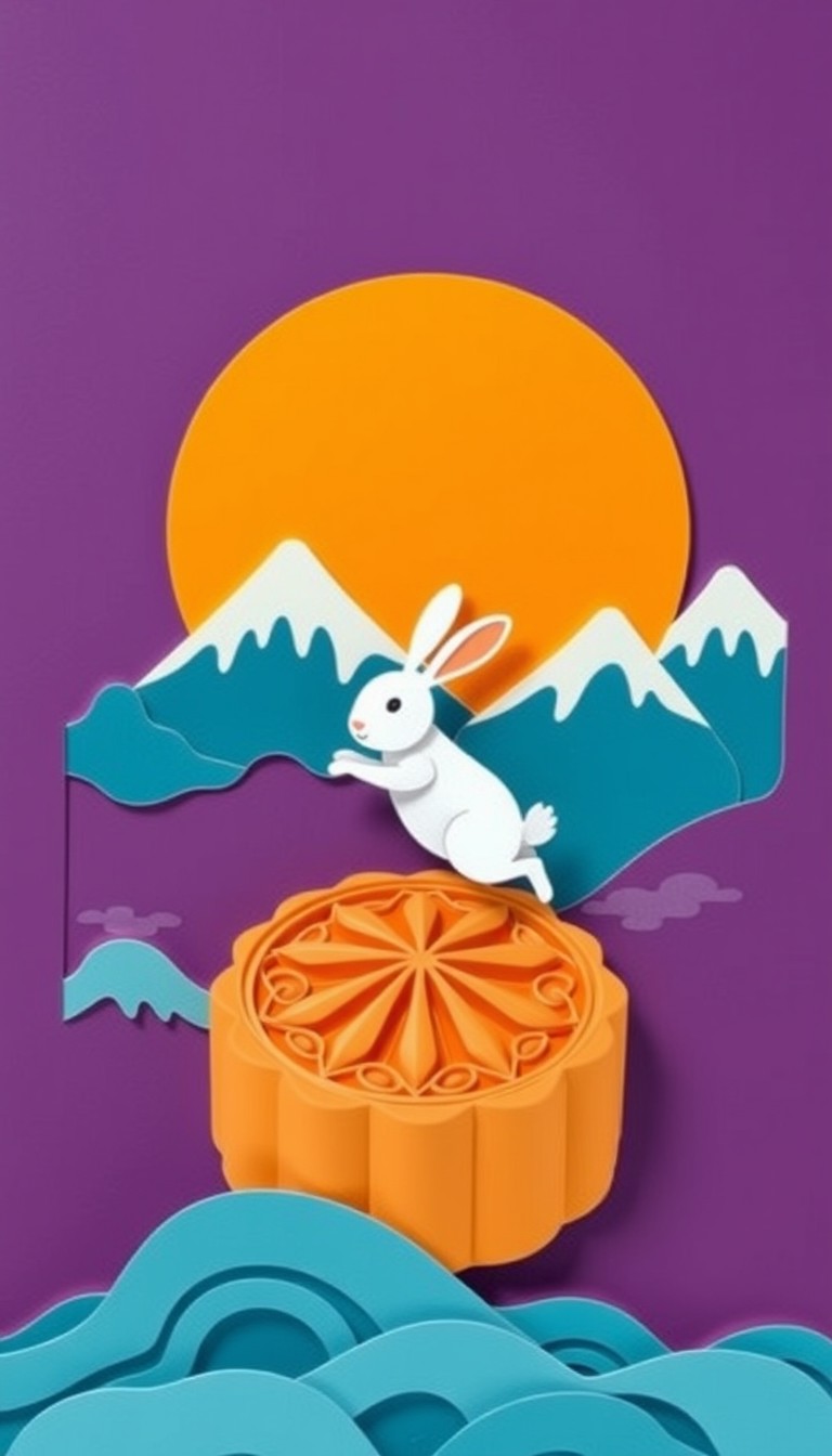 "A white rabbit jumps on top of a mooncake, with a purple background, blue mountains, an orange moon, in a paper-cut style, with layers."