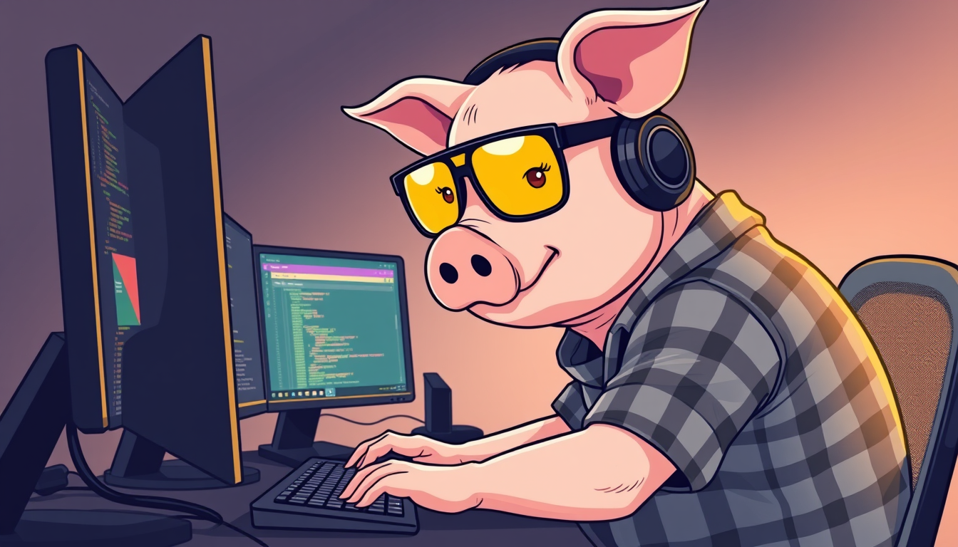 A tech-savvy pig coder, wearing yellow-tinted glasses and sleek noise-cancelling headphones, hunches over a cutting-edge multi-monitor setup. The anthropomorphic pig exudes focus, typing furiously. He is wearing a plaid t-shirt.