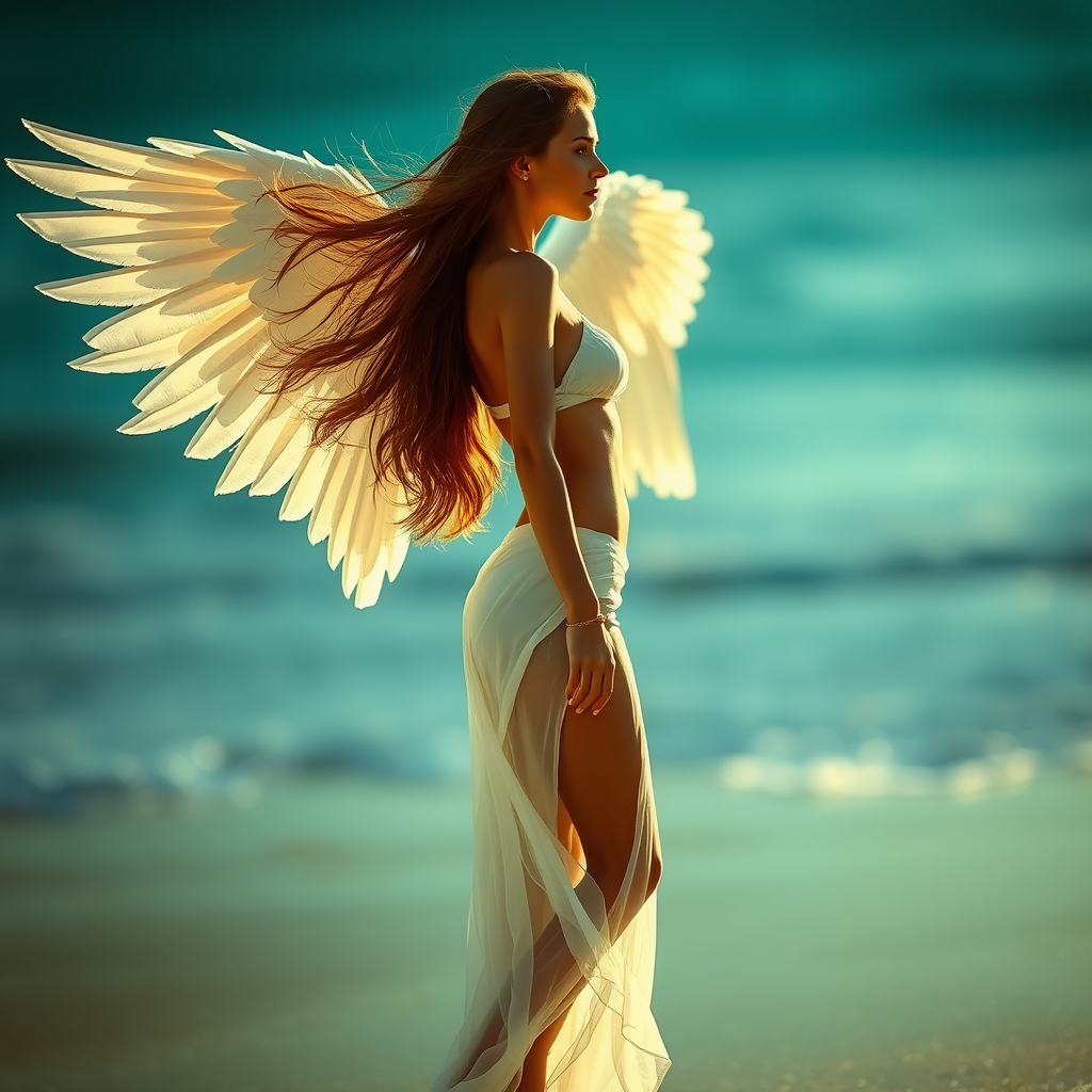 9 heads tall skinny female model, angel, wind wave long hair, spread big wings on the back, full body, side view, side lighting, background bokeh, Super realistic, film look, Emerald Beach. - Image