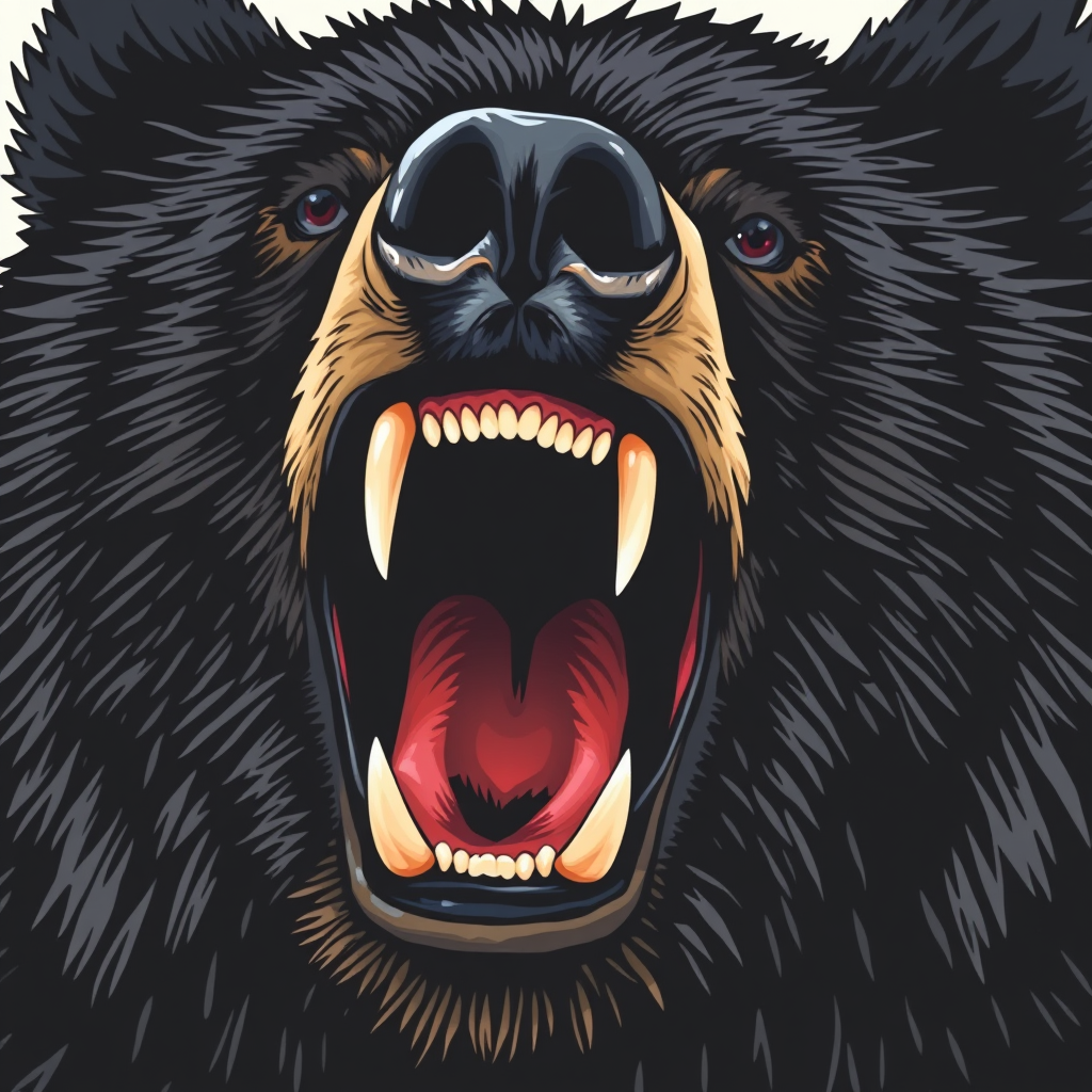 "Furry art style depicting the mouth details of a black bear while hunting."