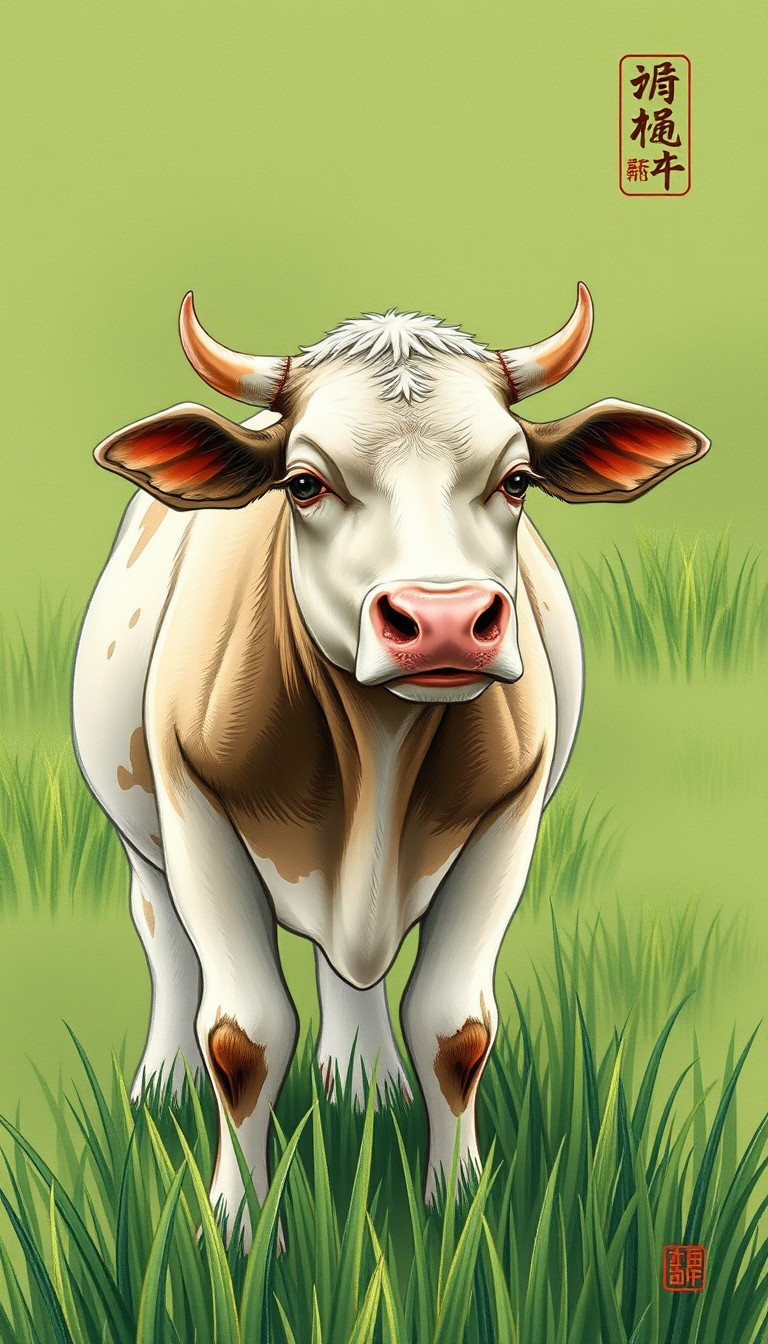 The cow, intricately illustrated with realistic textures, continues to graze, completely indifferent to the beautiful music played by Gong Mingyi. The cow’s calm expression and slow, methodical chewing stand out against the vibrant green grass. (illustration style, traditional Chinese art) - Image