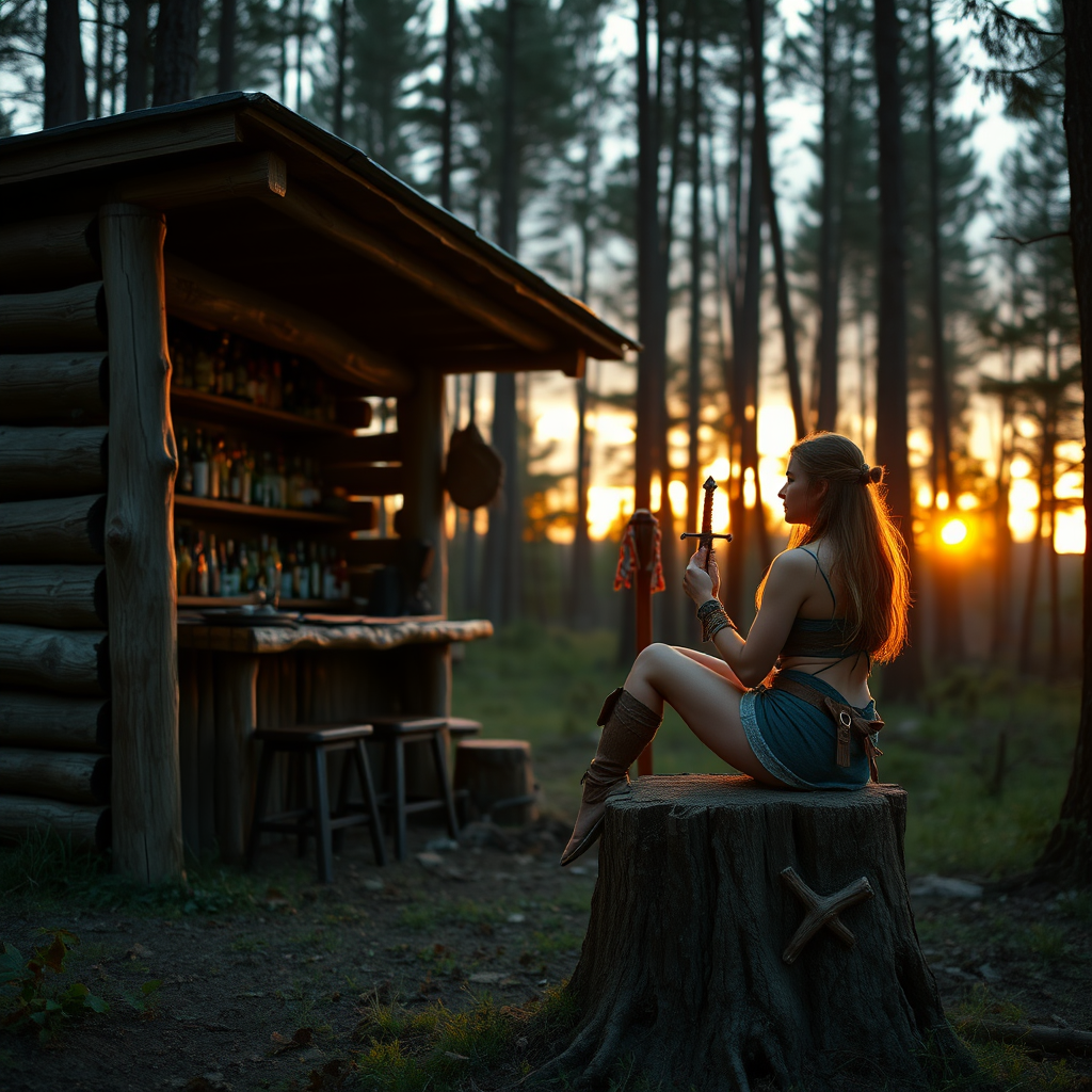 Real-life photography: In the evening, in the forest, there is a wooden cabin that serves as a bar. Next to the cabin bar, a female barbarian is sitting on a wooden stump, holding a dagger and looking at it, with the sunset in the background.