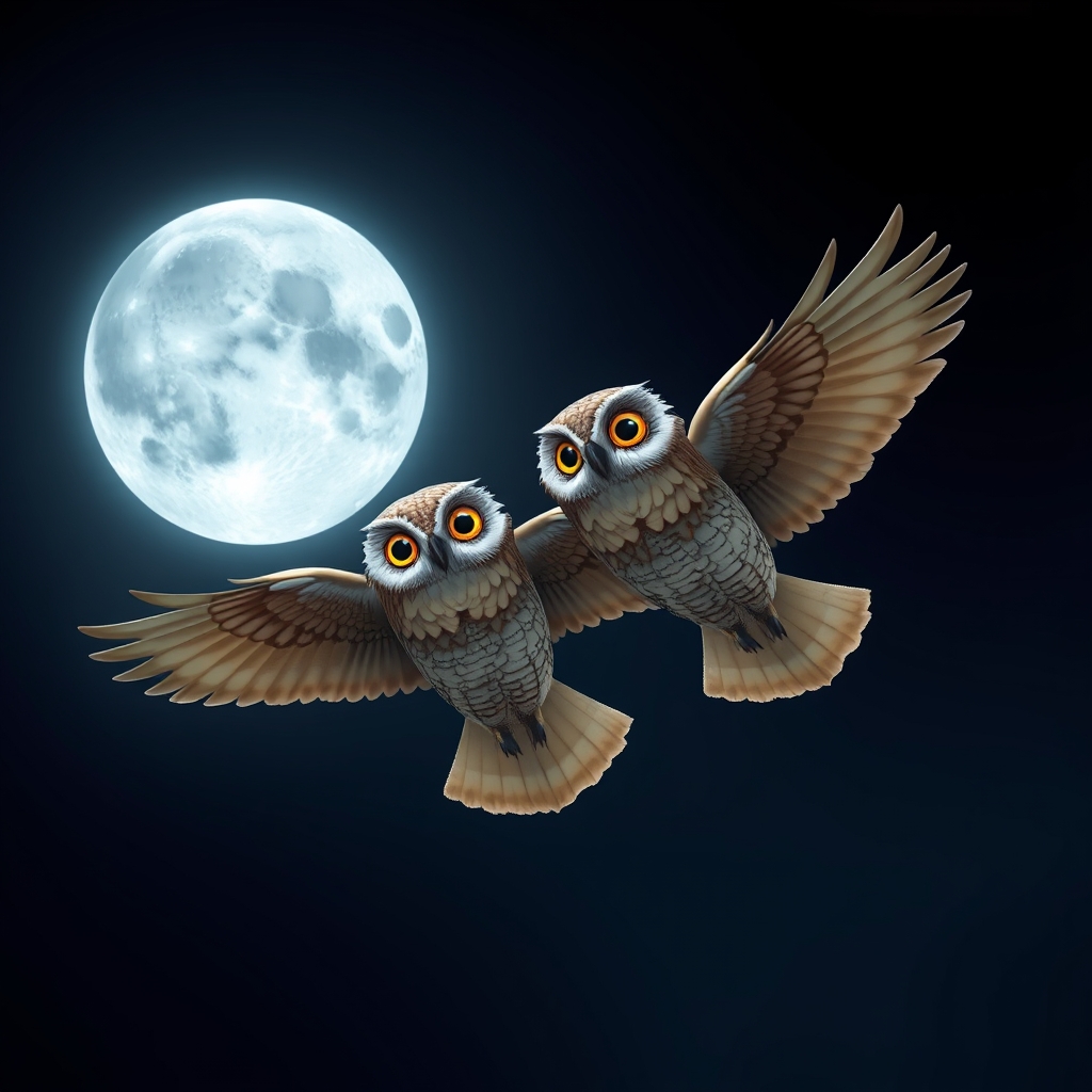 A pair of wise owls flies under the silvery moonlight, their feathers creating enchanting patterns against a dark blue-to-black gradient. 3D animated with a magical touch.