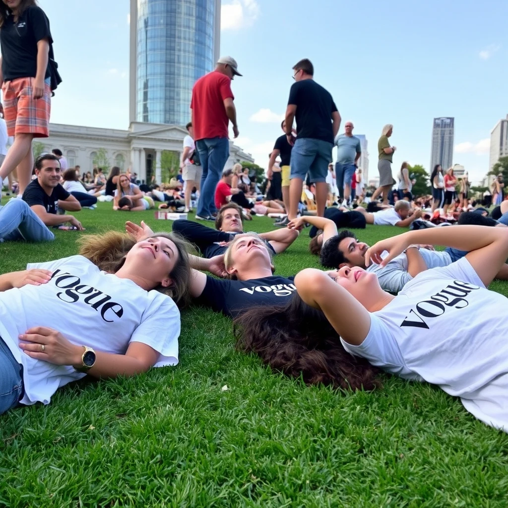 People are lying on the grass in t-shirts that say "vogue"