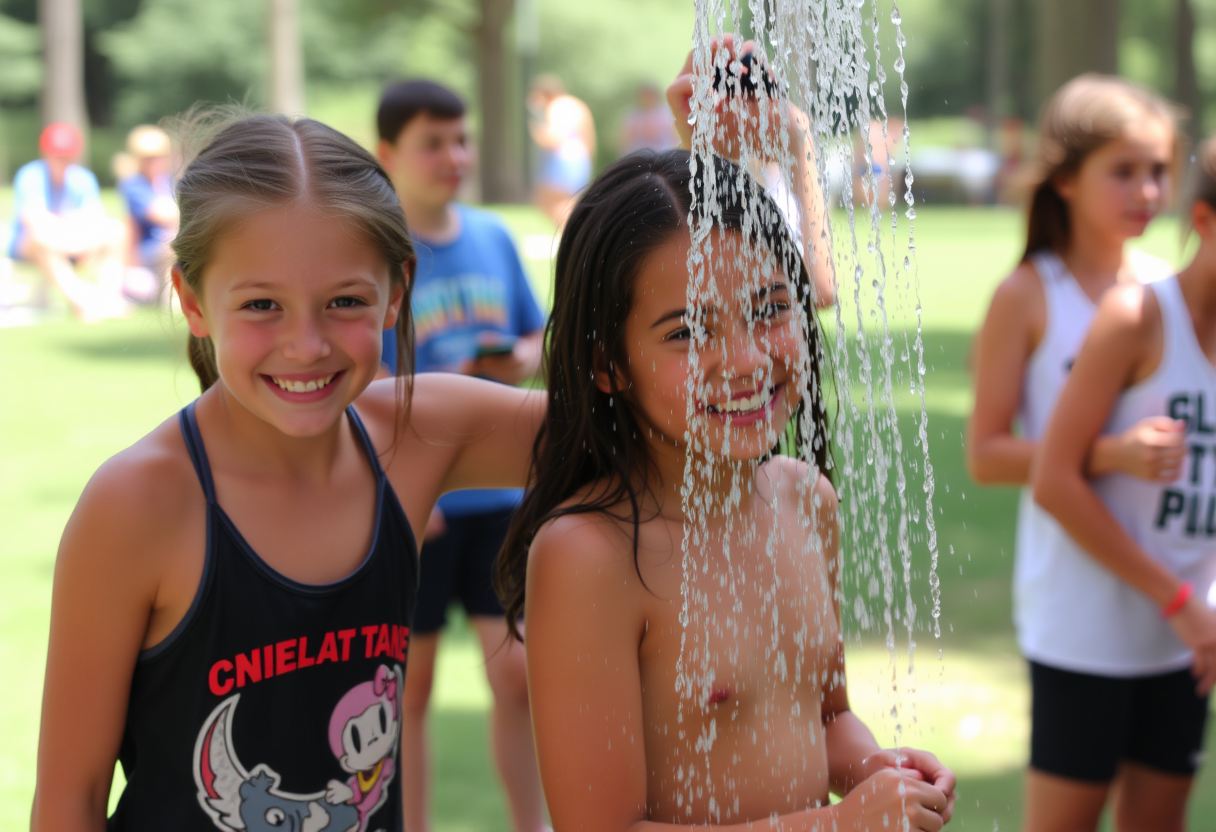 A girl at summer camp impishly helps her best friend get ready for a post-practice shower.