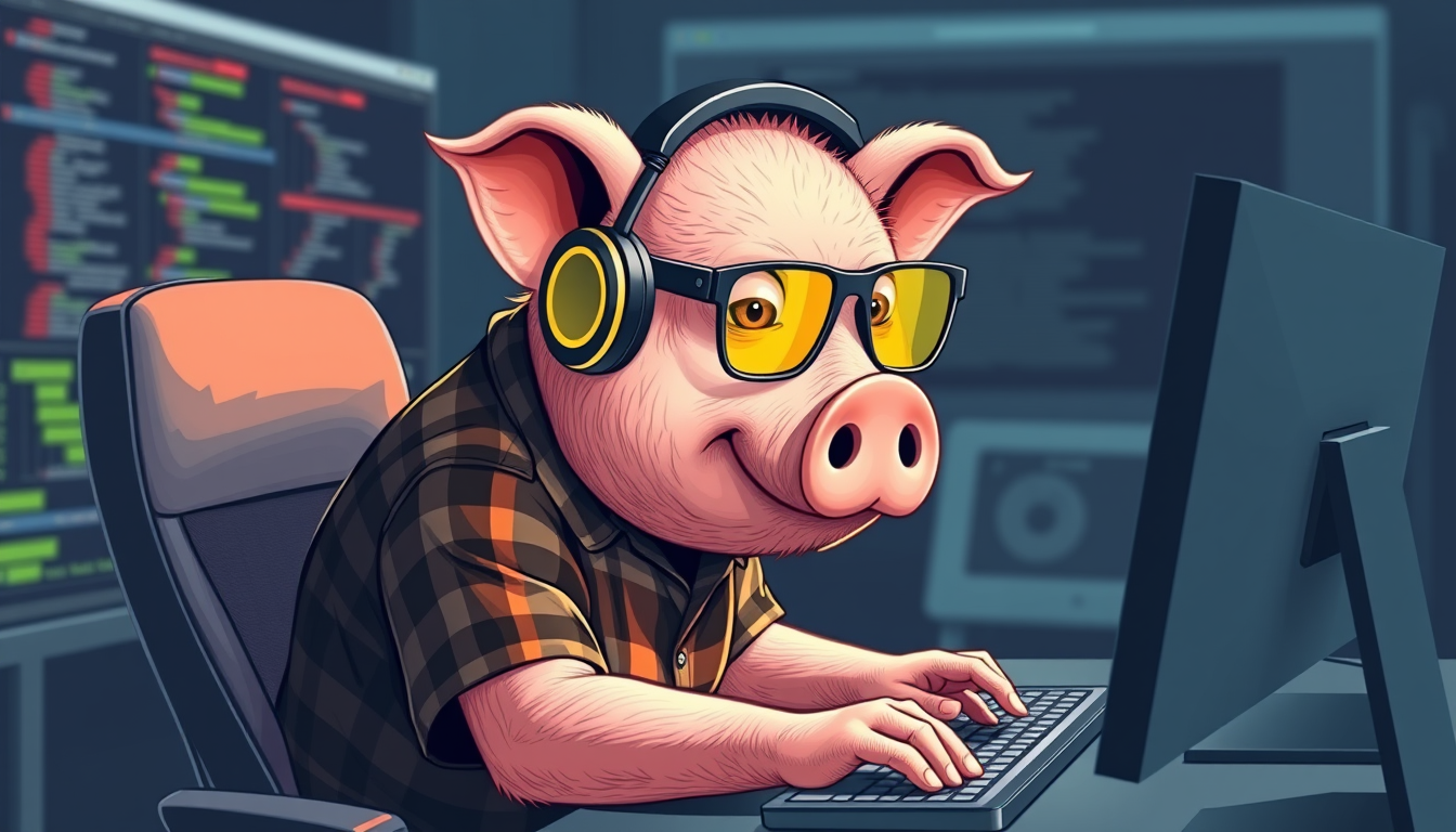 A tech-savvy porcine coder, donning yellow-tinted glasses and sleek noise-cancelling headphones, hunches over a cutting-edge multi-monitor setup. The anthropomorphic pig exudes focus, typing furiously, wearing a plaid t-shirt. - Image