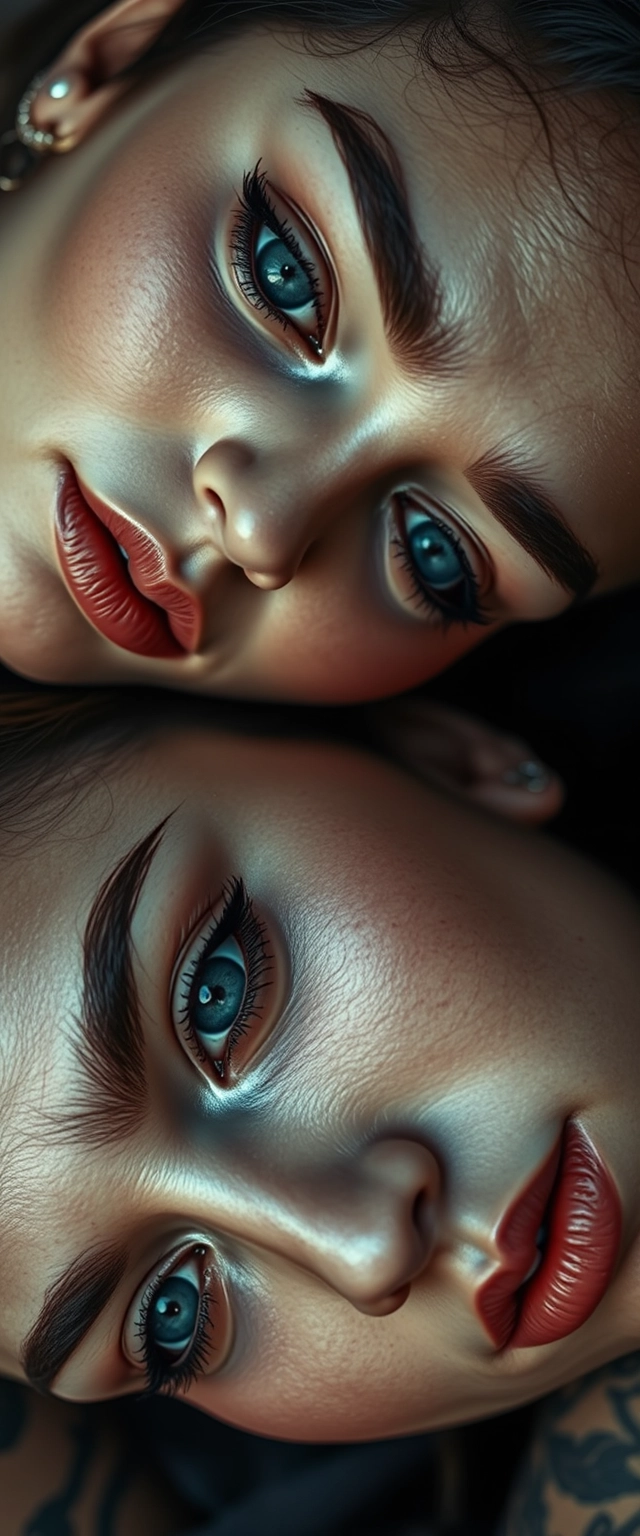 Close-up shot of two fair-skinned beautiful Indian-Korean women with striking facial features and gray hypnotizing eyes, both heavily tattooed and with crying expressions, lying on top of each other. - Image