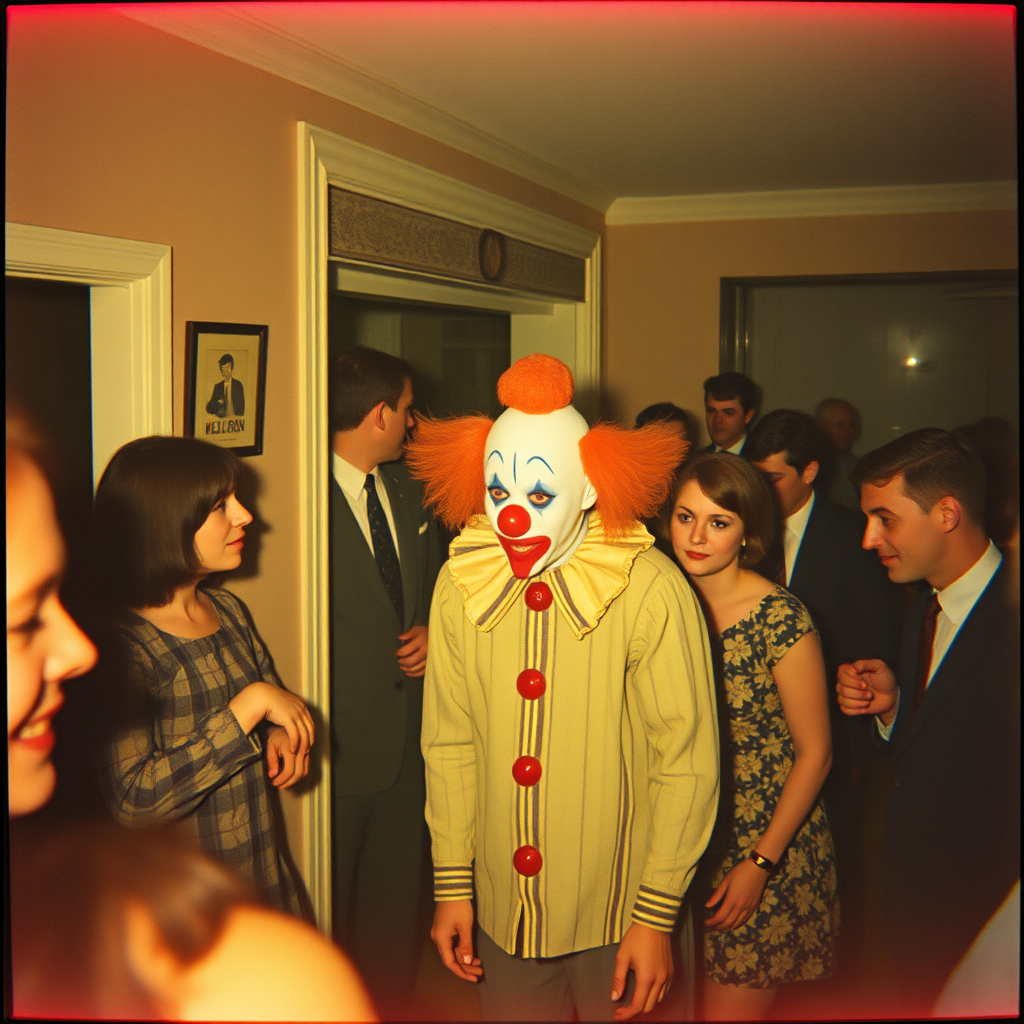 An image of a faded 1960s film photograph of a house party in England with a weird clown looking on, vintage film.