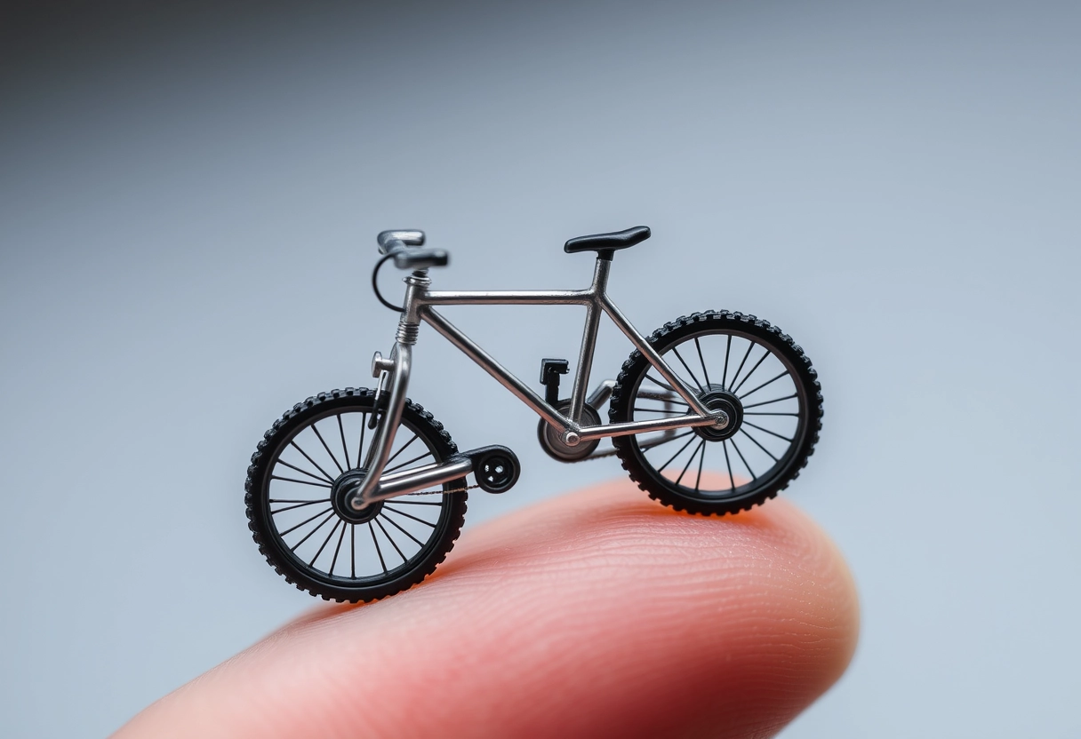 Extreme close-up macro photography depicting a very tiny miniature bicycle standing on a fingertip. - Image