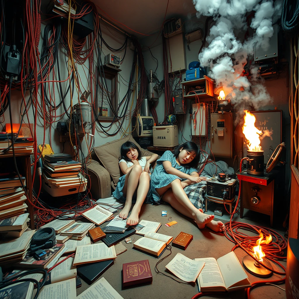 A real-life photograph, wide shot, of two Japanese teenage girls sleeping in the corner of a room. The room has some books scattered messily, and many wires of varying thicknesses are on the floor and in the air, including red, blue, yellow, and other colors. Additionally, there are some machines emitting steam and fire. The lighting is dim, and there are some plants. - Image