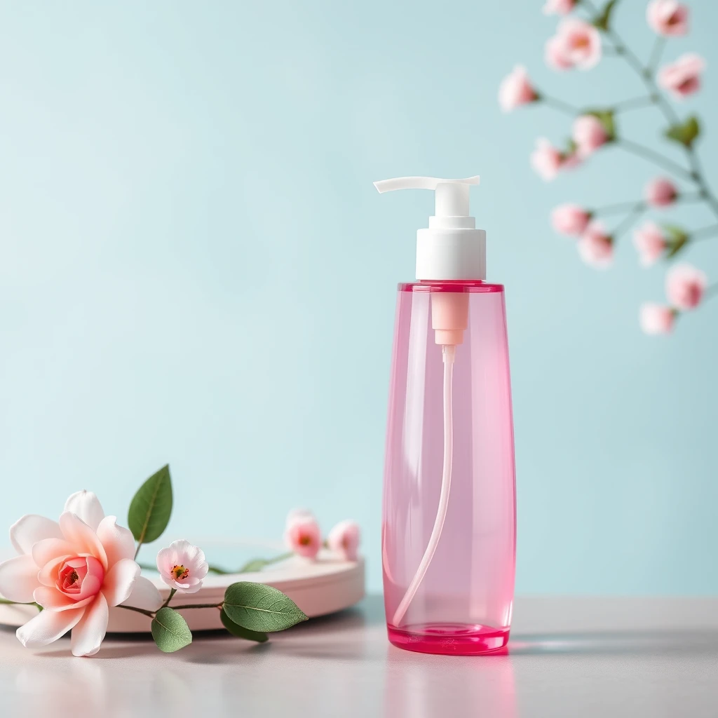 "I want a product background image. The product is a pink cosmetic plastic bottle, possibly used for holding skincare lotion or similar items. I want a matching background image that can attract customers' attention and sell well on Taobao, while also highlighting the product. The background should be simple, not too flashy, as that would be too tacky; it should be more upscale." - Image