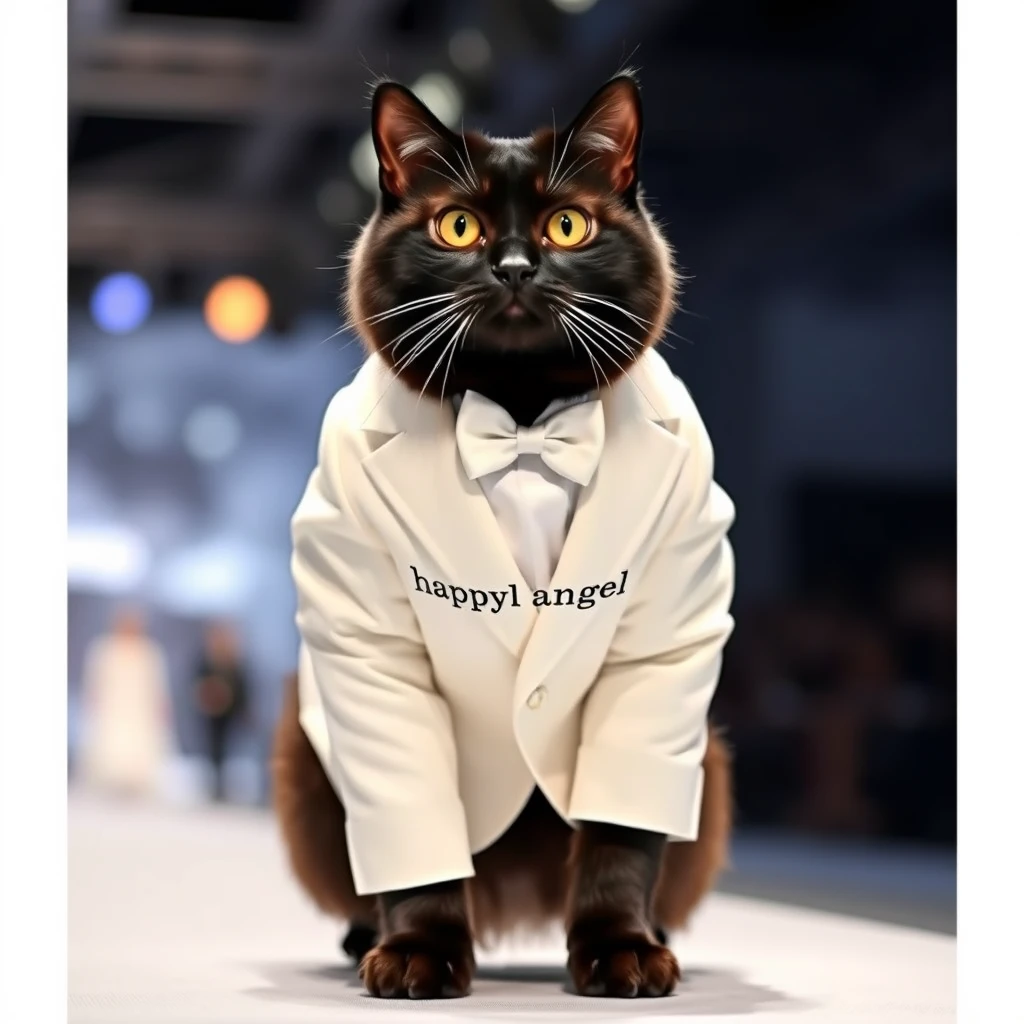 A black cat in a white tuxedo with the name "happyangel Snow" embroidered on it is posing on the fashion show stage.